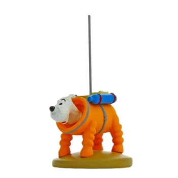 Eine 11 cm große Resin-Figur, die Struppi aus den Tim-und-Struppi-Comics als Kosmonaut zeigt. Der Hund trägt einen orangefarbenen Raumanzug